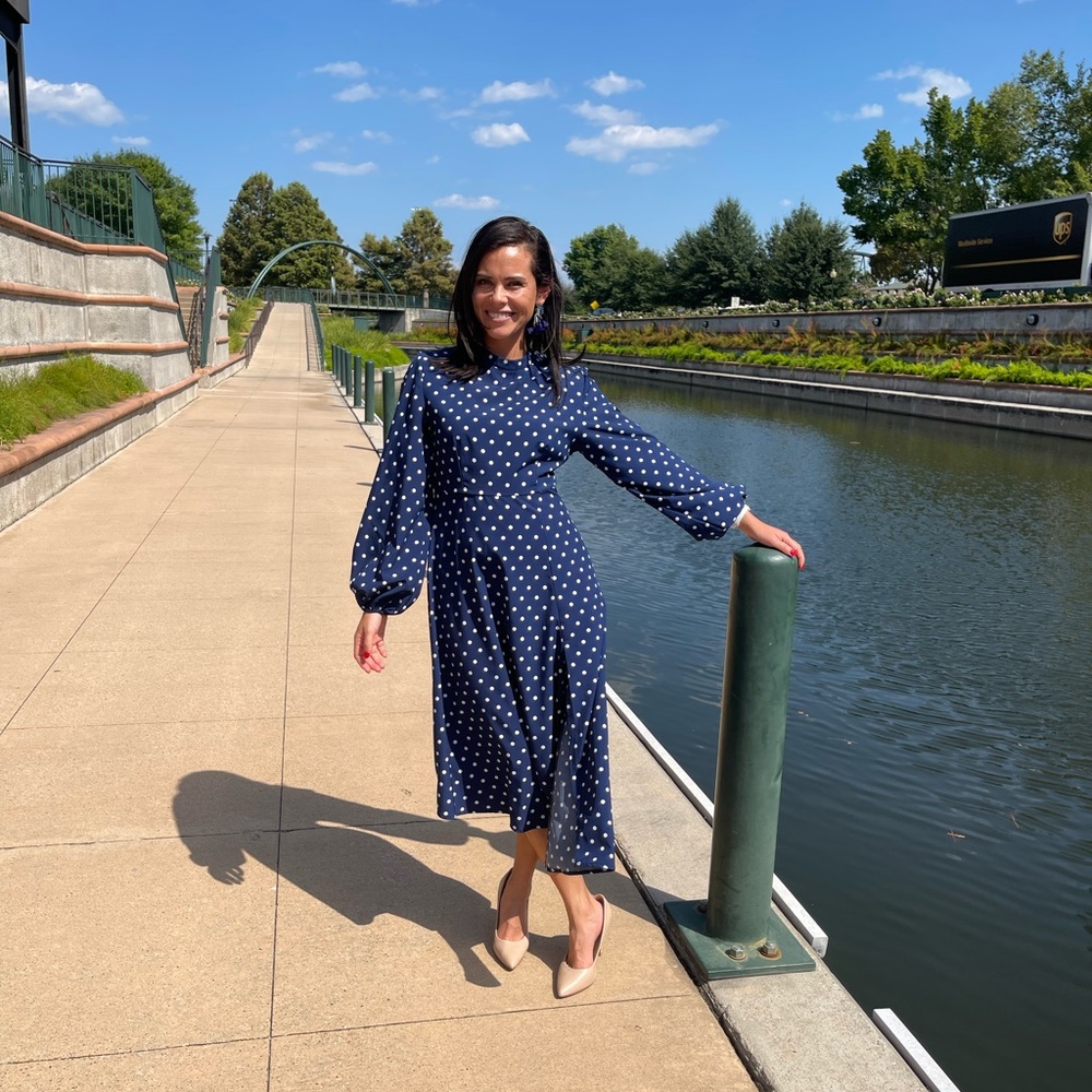 Blue Polka Dot Long Sleve Dress